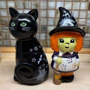 Black Cat and Witch Ceramic Salt and Pepper Shakers